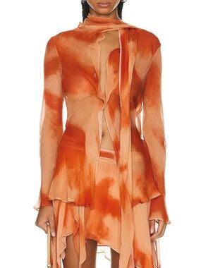 Acne Studios Orange and Peach Sheer Viscose Blouse with Scarf Accent